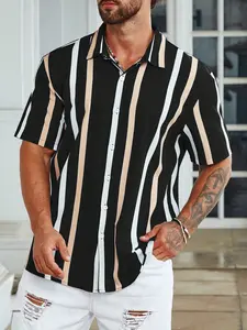 Men's Plus Size Tall Vertical Striped Shirt, Breathable Short Sleeve Cuban Collar Summer Casual Top