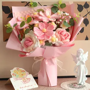 [Mother's Day] Crochet Flower Bouquet, Pink Handmade Knitted Flowers, Crochet Tulips Galsang Flower for Loved one Anniversary Birthday Mother's Day Graduation Gifts (with Card)