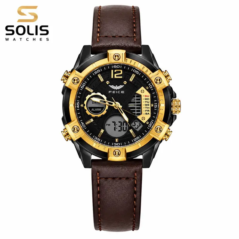 FEICE Men’s Analog-Digital Sport Watch - Black & Gold Design - Brown Leather Strap