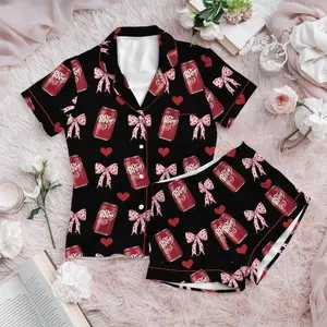 Dr. Pepper Inspired Satin Pajama Set for Women, Cute Soda Lover Sleepwear, Silky Lounge Outfit, Cozy Gift for Beverage Fans, All-over Print Kid and Youth Satin Short-Sleeve Pajamas Set