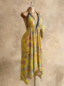 Women's Summer Boho Chic Print Halter Long Dress, Deep V Backless Waist Cinch Sexy Dress, Perfect for Beach Vacation, Date, Daily Wear, Hiking