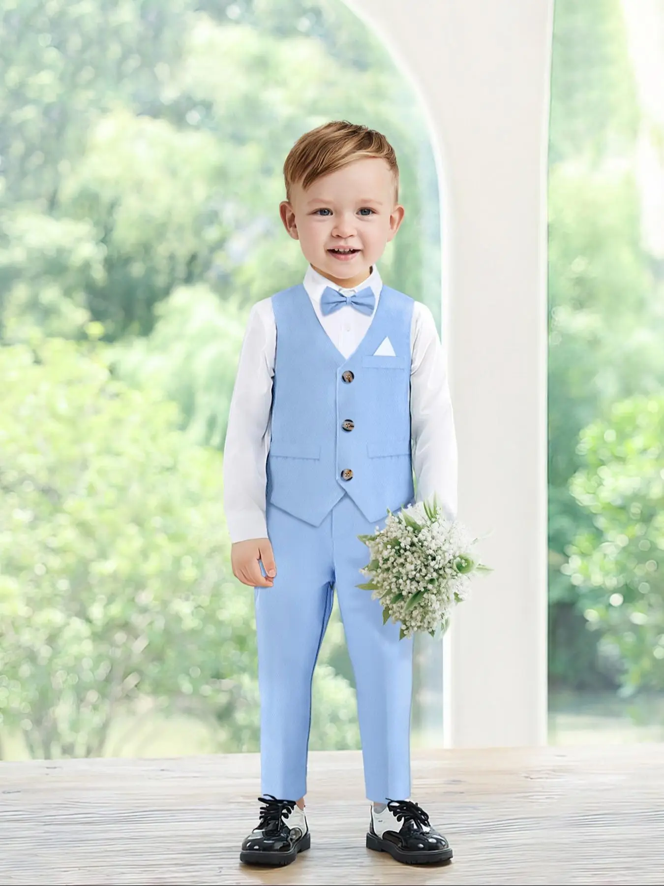 Toddler Boy's Solid Button Front Shirt & Vest & Bow Tie & Pants Four-Piece Set, Elegant Formal Outfits for School Performance Wedding Holiday, Kids Cl