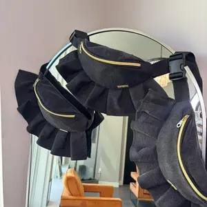 FANNYSOFAB Black Denim Buckle Ruffle Skirt Bag - Stylish and Unique Design
