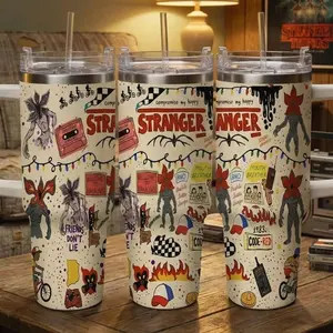 Stranger Inspired Theme Car 40oz Tumbler Vintage Cartoon Illustration Pattern Durable Stainless Steel Double Wall Insulated Leak Proof Easy Carry for Travel Camping Cycling Party Gift Use