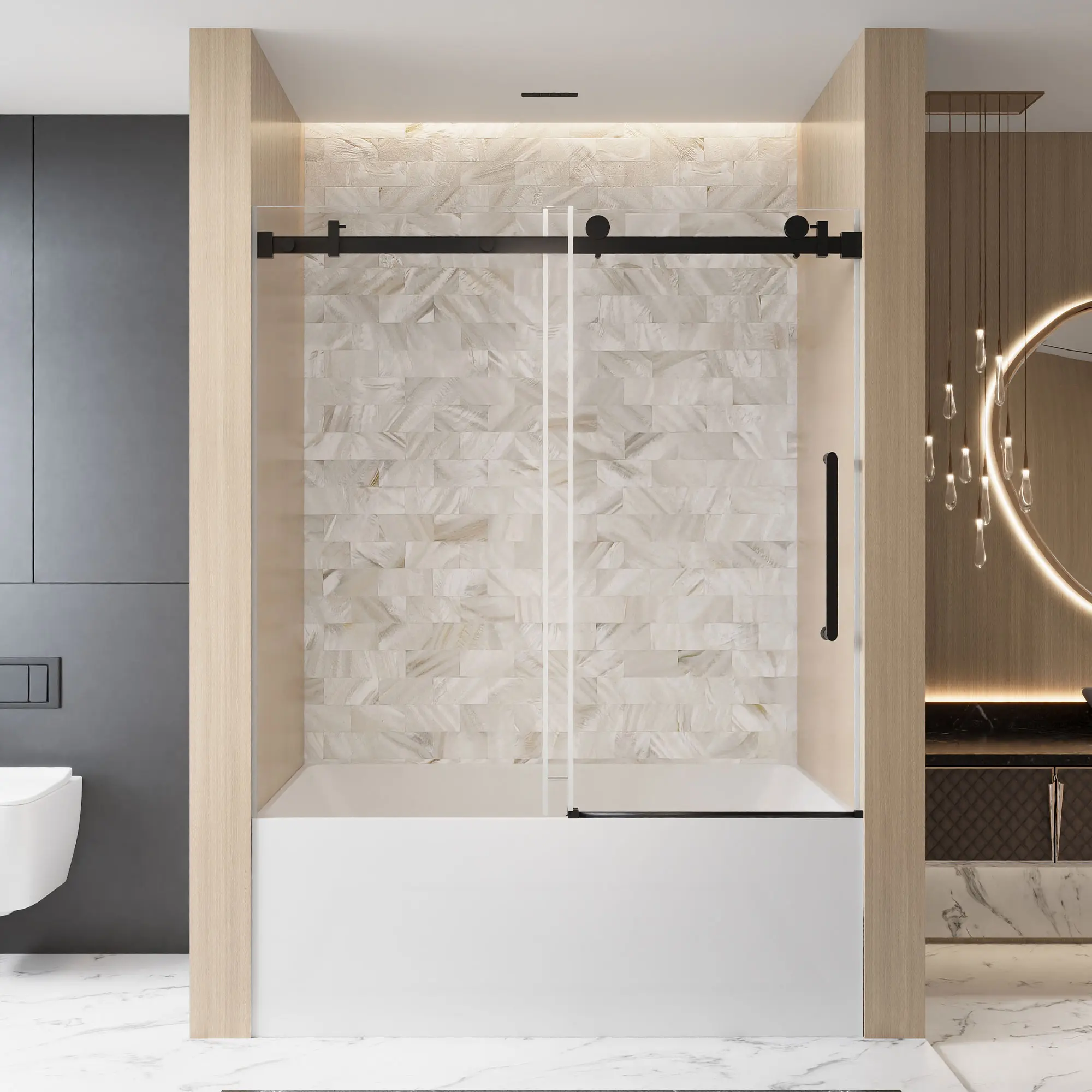 Single Sliding Frameless Shower Door with Clear Tempered Glass and Matte Black Finish, 56-60" W x 60" H