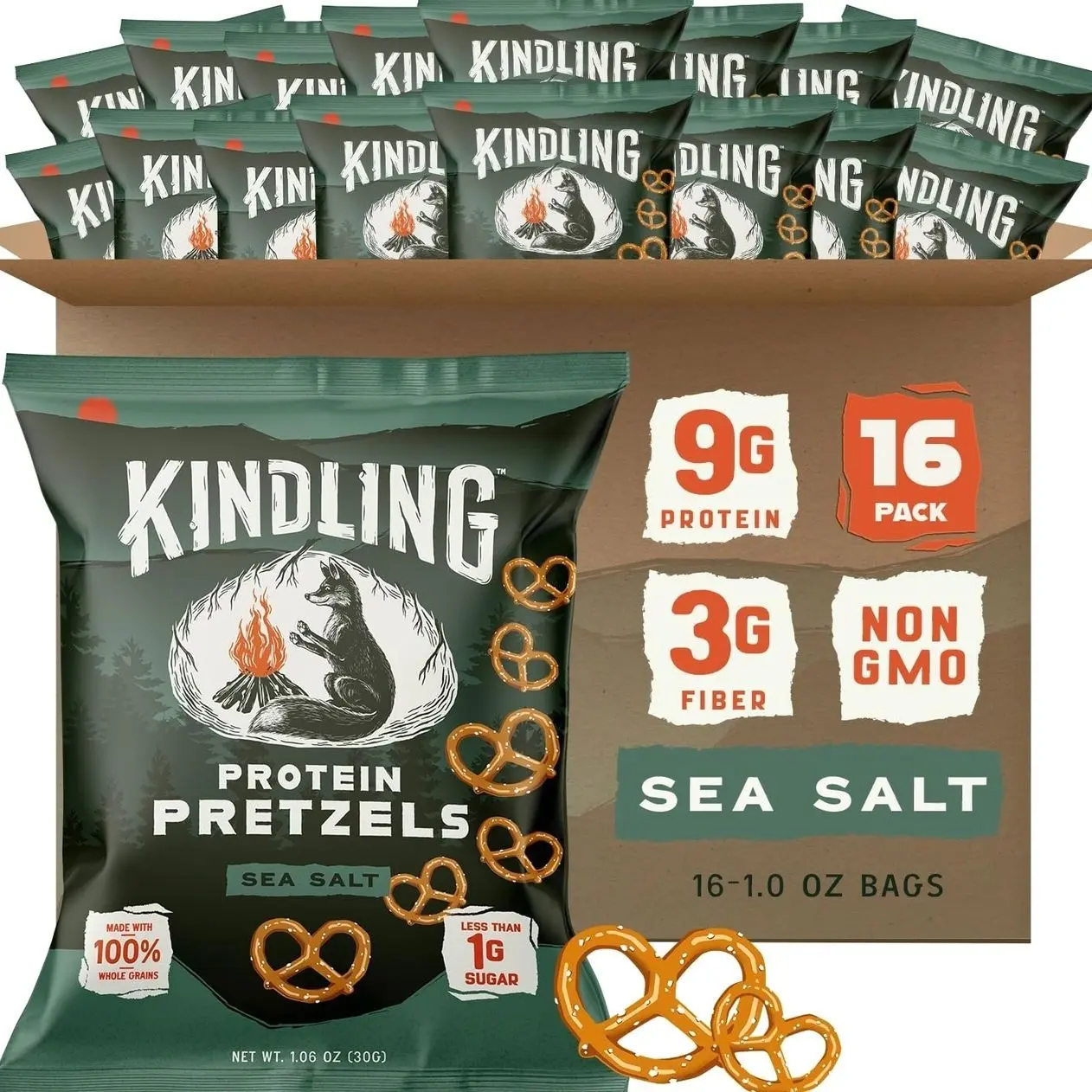 Kindling Protein Pretzels - Sea Salt | Protein-Packed Snack Size Bags | Kosher | 8-9g Protein Per Serving | No Artificial Flavors, Soy-Free | Lunches, Office Snacks, & On-the-Go | 16-Count (1.06oz Bags)