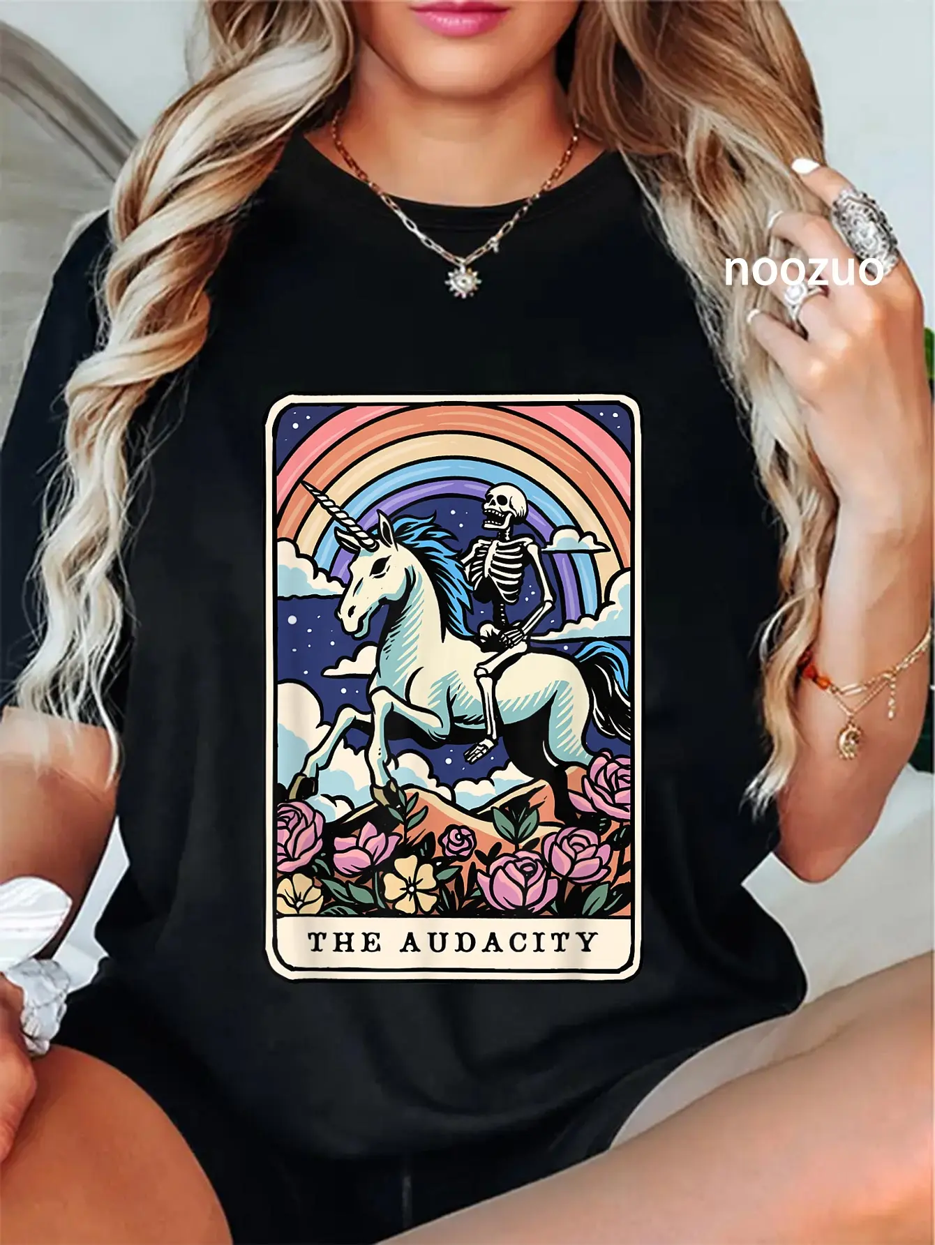 100% Cotton The Audacity Tarot Card Skeleton Riding Unicorn Sarcastic T-Shirt