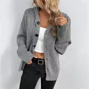 Wo's Plain Button-Front Drawstring Hooded Cardigan Knitwear for Fall and Winter Daily Wear food family car hoodie