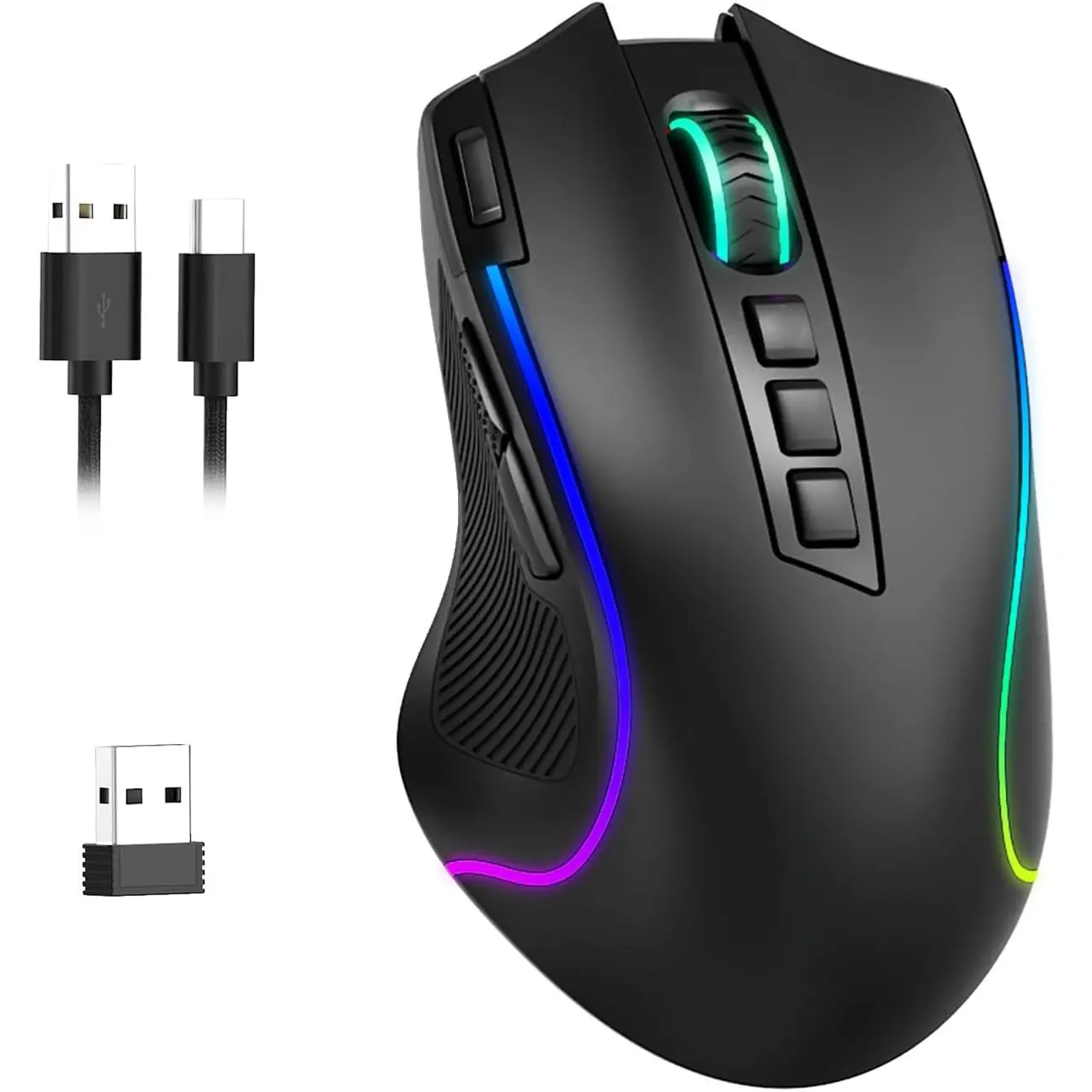 Gaming Mouse, Tri-Modes //Wired Rechargeable RGB Gamer Mouse with 2 Side Buttons, Rapid Fire Key, 8000 DPI, 6 Backlit Modes, 9  Buttons Macro