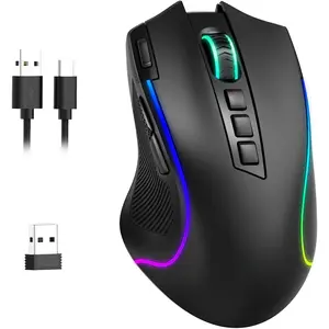 Gaming Mouse, Tri-Modes //Wired Rechargeable RGB Gamer Mouse with 2 Side Buttons, Rapid Fire Key, 8000 DPI, 6 Backlit Modes, 9  Buttons Macro
