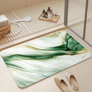 Luxury Green & Gold Emerald Marble Swirl Print Diatomaceous Earth Bath Mat, 16*24 Inch |   Ultra Fast Absorbent Quick Dry Non Slip Anti-Mold Soft Diatomite Shower Floor Mat Easy Clean Stylish Modern Marble Bathroom Decor for Home & Apartment