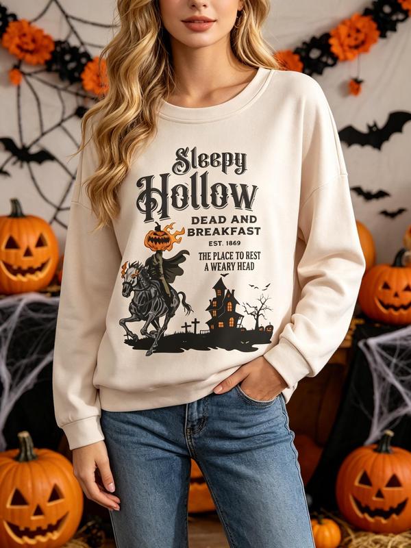 Women's Plus Size Cotton Knit Garment - Lady's Casual Everyday Long-Sleeve Lightweight Crew Neck Medium-Length Sleepy Hollow Halloween Graphic Pullover, Headless Horseman Fall Oversized Top