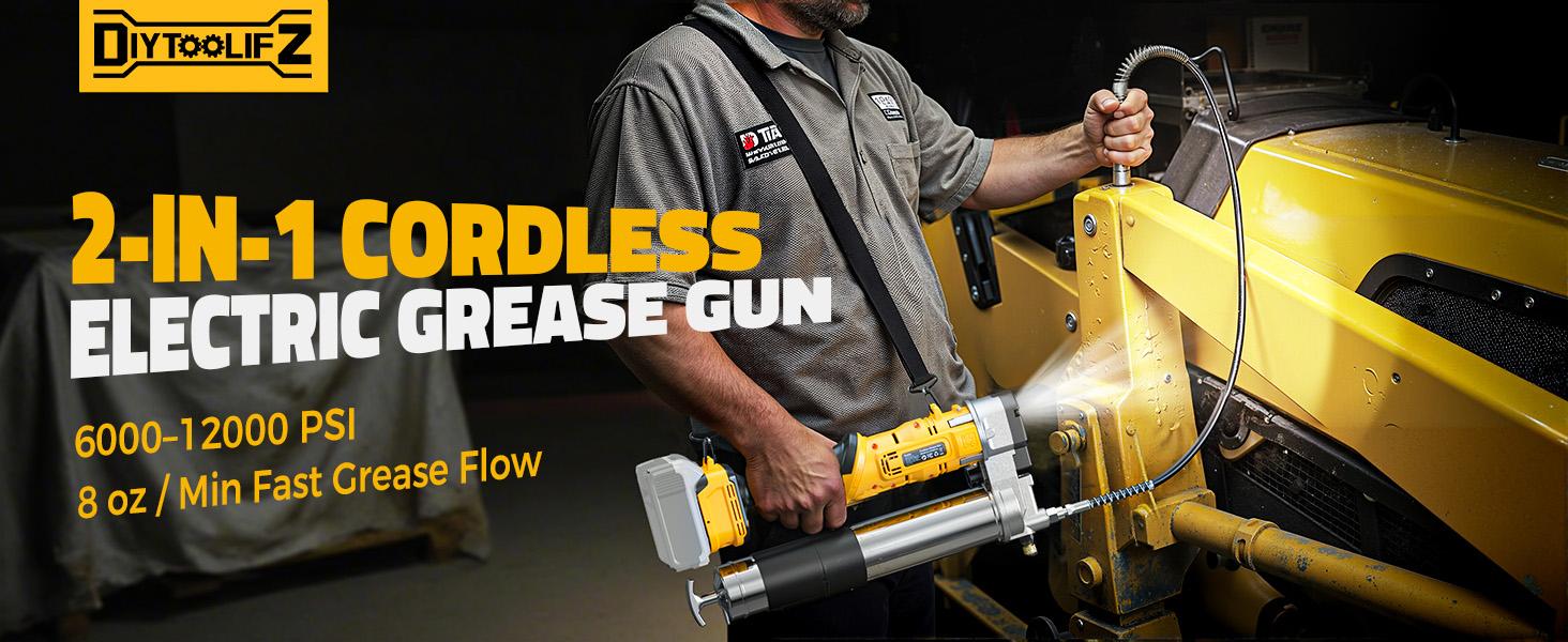 Cordless Grease Gun Compatible with DeWalt 20V Battery(NO BATTERY!!), 12000PSI, Dual Pistol & in-Line Grip, Works with Bulk & Cartridge Grease, with 39" Hose & 4 Couplers