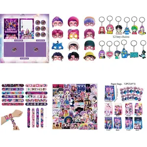 Korean Cartoon Girl Group Party Small Gift Full Set Combo, Unisex for Boys and Girls, Birthday Favor Six-Piece Set, Includes 12 Keychains, 12 Decorative Masks, 12 Bracelets, 12 Invitation Cards, 50 Refrigerator Stickers, 12 Gift Bags, Everyone Has Their