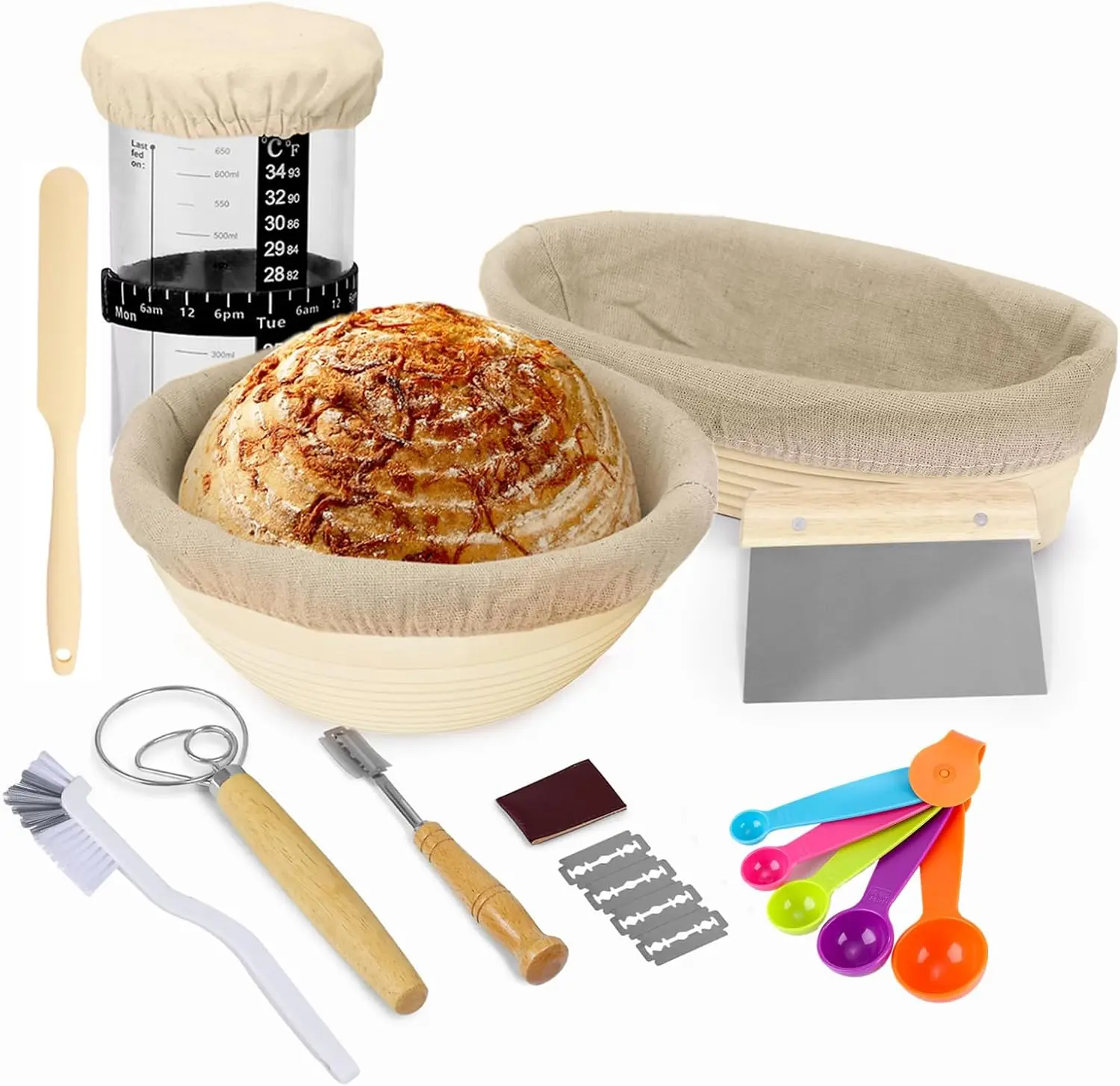 Set of 2 Bread Proofing Basket,Sourdough Starter kit,9" Round & 10" Oval  Proofing Basket with  Jar,Sourdough Bread Making Supplies Tools for beginners (Beige)