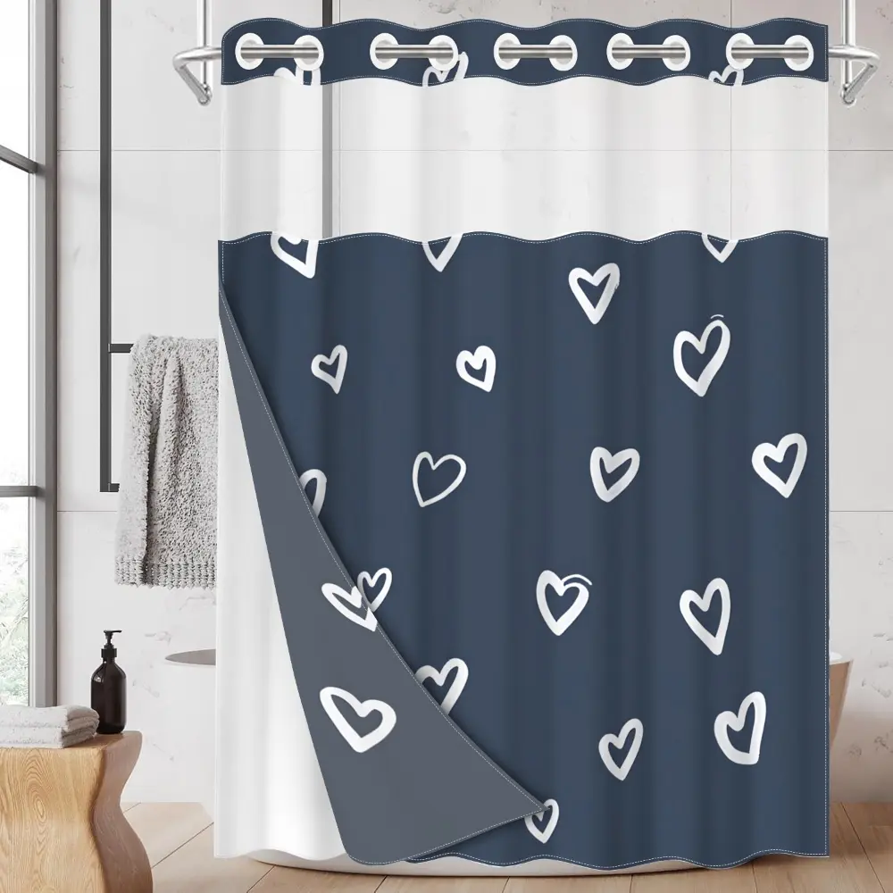 1pc hookless shower curtain with buckle lining, white heart and dark blue design, 2D flat printing, fabric waterproof lining, see-through double-layer shower curtain, 71 x 74 inches, modern home draping curtain, Bathroom Curtain, Bathroom Accessory
