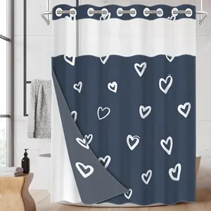 1pc hookless shower curtain with buckle lining, white heart and dark blue design, 2D flat printing, fabric waterproof lining, see-through double-layer shower curtain, 71 x 74 inches, modern home draping curtain, Bathroom Curtain