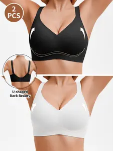 2PCS  Women's Deep V Neck Jelly Bra Set, Seamless No Underwire Push-Up Full Coverage Soft Support, Daily Wear Unlined Slim Fit Bras Everyday