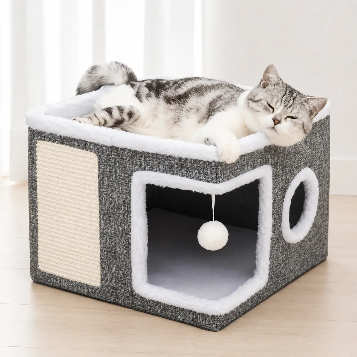 Foldable Cat House with Scratching Board, Indoor Cat Cave Bed with Soft Cushion, Hanging Toy, Window & Non-Slip Base for Small to Medium Cats, Grey