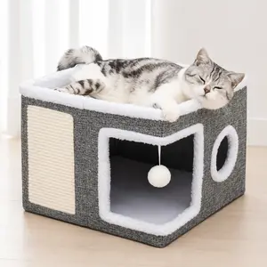 Foldable Cat House with Scratching Board, Indoor Cat Cave Bed with Soft Cushion, Hanging Toy, Window & Non-Slip Base for Small to Medium Cats, Grey