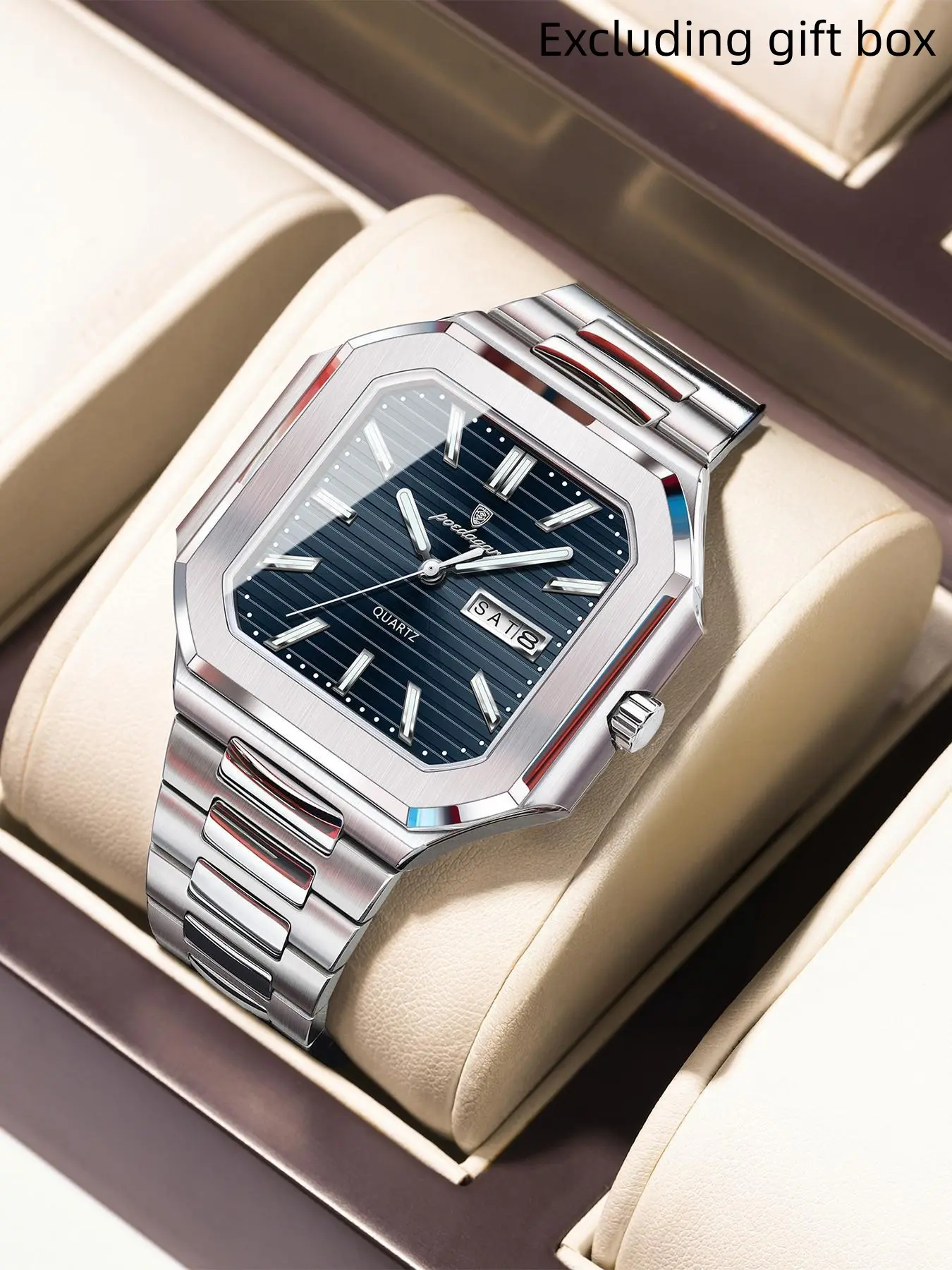 Poedagar Square Fashion Men's Watch Waterproof Quartz Watch Night Light Date Display, Square Dial Wristwatch, Stainless Steel Men's Watch
