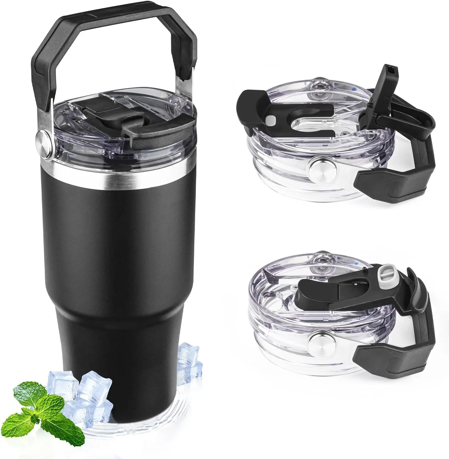 20oz Stainless Steel Portable Travel Coffee Mug - Single Cup, Handle, Flip Straw Lid, Double Wall Vacuum Insulated, Leak-Proof, BPA-Free for On-the-Go Hot & Cold Beverages (Black), Travel Mug
