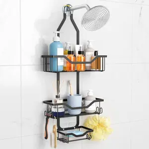 Shower rack hanging bathroom storage rack, shower rack with soap dish, shower head rack with razor/sponge hook, 3-layer black (assembly required) Box Wall