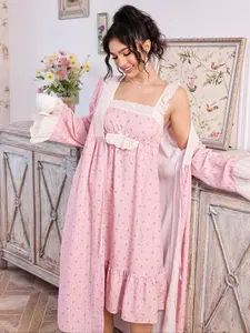 Palacenights Vintage Palace Style Colorblock Lace Trim Floral Halter Dress Long Sleeve Ruffle Open Front Robe Two Piece Set