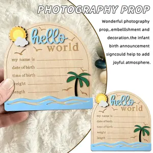 Wooden Baby Birth Memorial Plaque Hello World, Island Beach Palm Tree Style, Newborn Photo Prop Gift, Unique Keepsake, Decor
