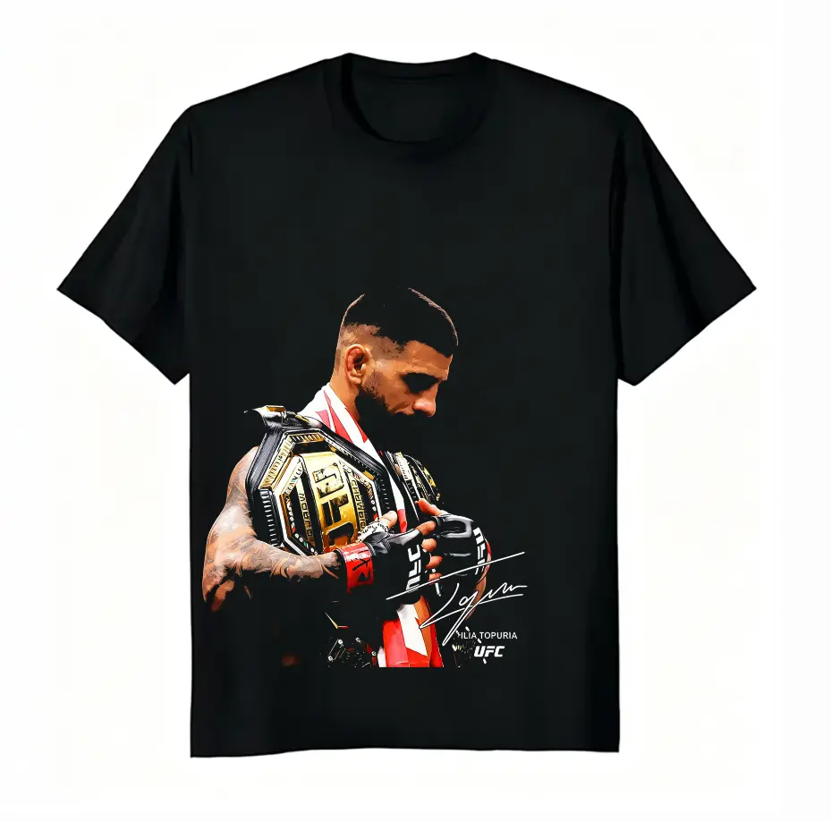 Unisex 100% Cotton Ilia Topuria UFC Champion Portrait Signature Graphic T-Shirt, Fight Fan Vintage Boxing Short Sleeve Tee For Men Women MMA Gift