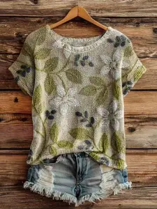 Elegant Boho Style Knit Top for Spring Fall, Loose Round Neck Short Sleeve Floral Print Women's Clothing, Casual for Daily Wear
