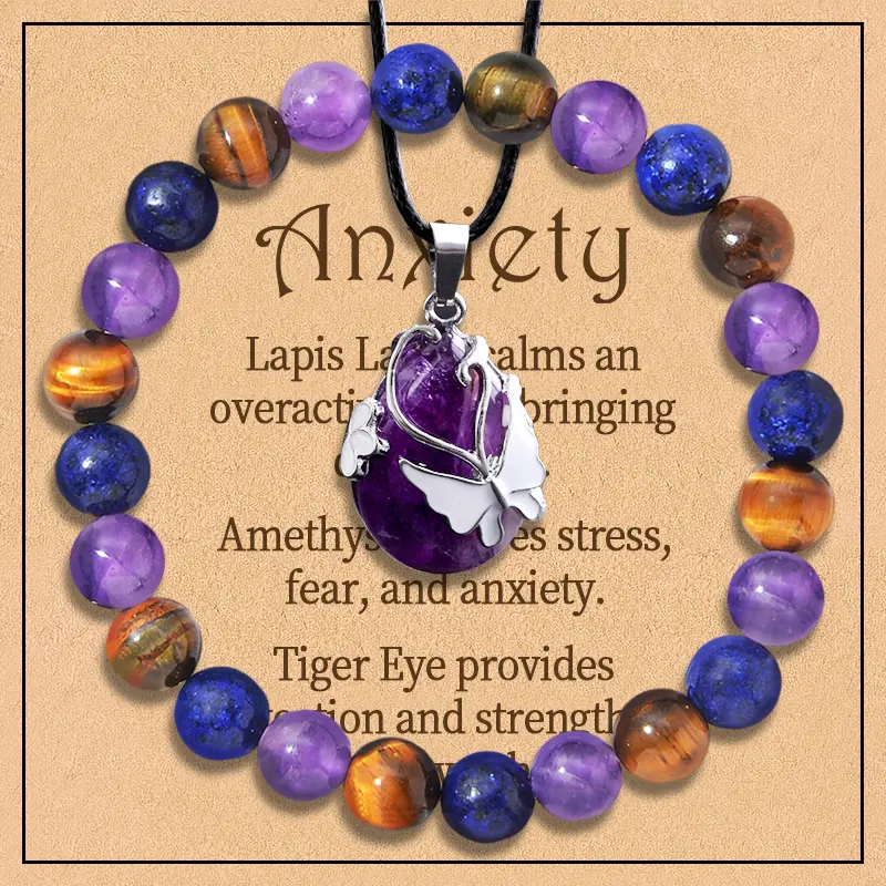 8 Styles 2PCS/ Set Amethyst Necklace and Amethyst Bracelet with Card for Mother, Girlfriend, Friend, Best Gift for Woman