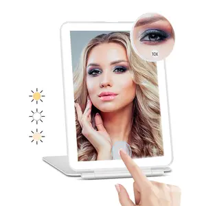 Portable LED Makeup Mirror, 10x Magnifying Mirror with 3 Color Light Modes, USB Rechargeable Touch Control Mirror for Home & Travel