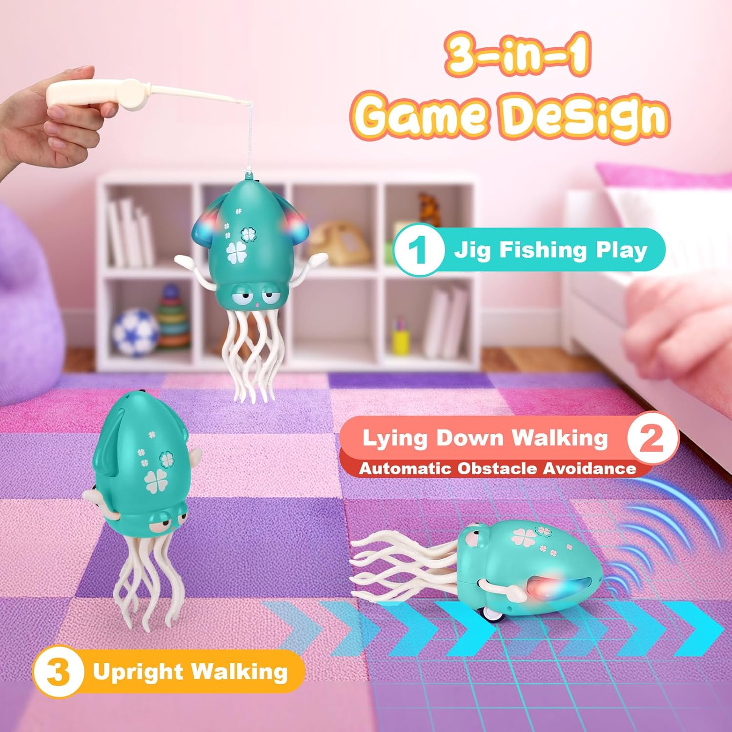 Dancing octopus with lights and music, interactive automatic obstacle avoidance octopus crawling , fun participatory game activities cool gift toy duck Auto-Dance Obstacle-Sensing Octopus Toy electric squid Colorful LED