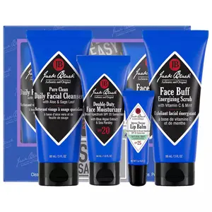 Jack Black Skin Saviors Set – Pure Clean Daily Facial Cleanser, Double-Duty Face Moisturizer SPF 20, Intense Therapy Lip Balm SPF 25 Natural Mint & Shea Butter, & Face Buff Energizing Scrub Skincare Facial Treatment Sensitive Smoother