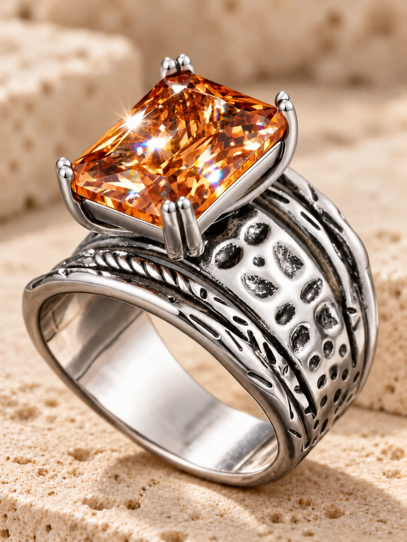 Fashion Single Wide Statement Beautiful Rings for Women, Vintage Silver Tone, Rectangular Orange Faceted Stone, Hammered Multi-layer Textured Band, Hostess Daily Wear Eternity Band Boho Jewelry Gift for Her, Fashionable Accessory, Engagement Rings