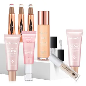 9 Counts Makeup Set for Beginners, 2 Highlighting Foundations, 1 Brightening Highlighter, 1 Moisturizing Primer Gel, 1 Hydrating Concealer, 1 Clear Lip Oil, 1 Highlighter, 1 Contour, 1 Blush- Full Face Cosmetics Set for Flawless Glow, Makeup Gift Set