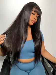 180 Density Straight Put On & Go Wig Human Hair Wig With Bangs Full Machine Wig With Bangs None Lace Glueless Wigs For Women