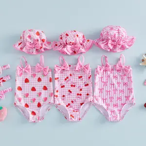 Girl Summer Cami Swimsuit Strawberry/Bow/Cherry Print Bathing Suit Headband Hat Sets