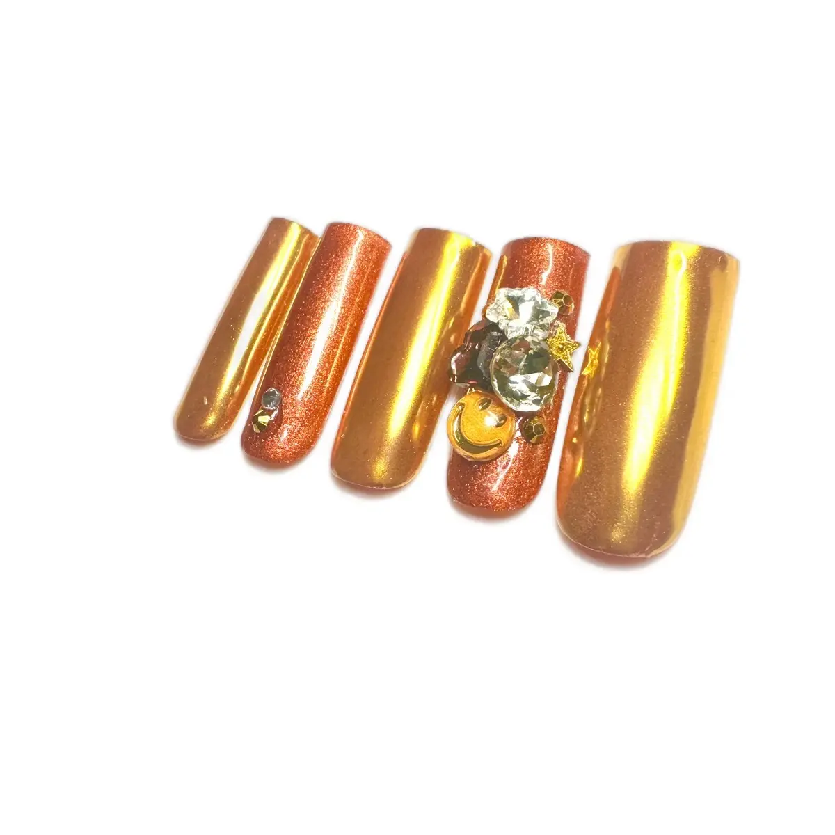 CCB Elegant Gold and Bronze Brown Press-On Nail Set with Rhinestone and bling Designs