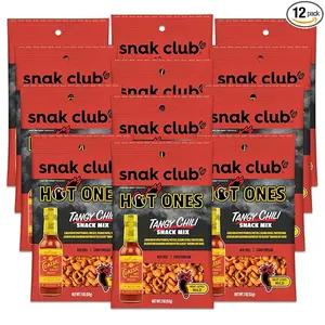 Snak Club x Hot Ones Tangy Chili Snack Mix, Mild Spicy Snacks with Peanuts, Pretzels, Sesame Sticks, Toasted Corn & Cashews, Inspired by Hot Ones Hot Sauce, 2 oz Bag (12 Count)