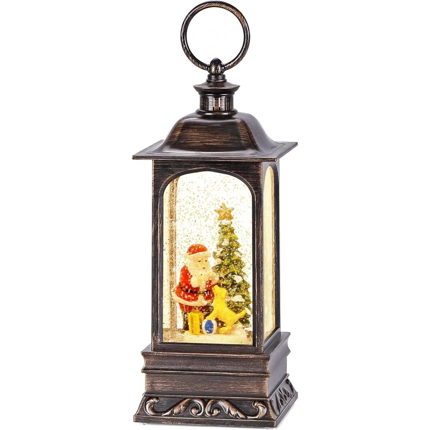 LED Retro Snow Globe Christmas Lantern with Santa Claus Decoration, Glitter, Timer Function, Light, Switch - Holiday Decor for Home, Lantern Shape