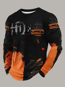 Men's MTB Themed Athletic Long Sleeve T-Shirt 3D Graffiti Print Quick Dry Breathable Crew Neck Top for Cycling, Training and Gym 2026 New Arrival
