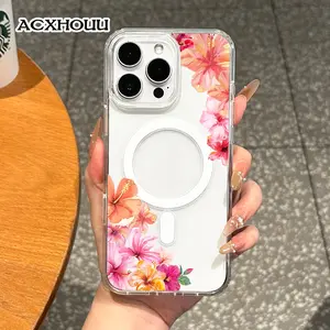 Magnetic Coquette Case for iPhone 17 16 E Pro Max 15 Plus 14 13 12 11 XS XR, Pastel Watercolor Hibiscus Border Design | Shockproof, Girly, Stylish, Silicone, and Trendy Protection