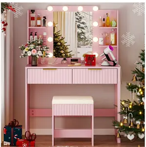 Lighted Makeup Vanity, Pink Vanity Table Set with 2 Drawer and Charging Station, Femal Gift