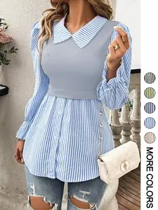 Women's Striped Print Button Front Blouse, Elegant Long Sleeve Collared Top for Spring & Fall, Ladies Clothes for Daily Wear, Button Down Blouse