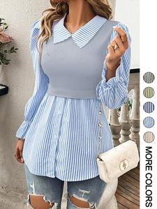 women's striped print button front blouse, elegant long sleeve collared top for spring & fall, ladies clothes for daily wear, womenswear