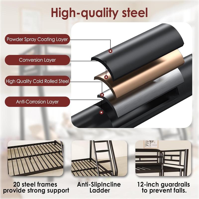 Metal Twin Over Full Size Bunk Bed for Adults & Kids,Twin Over Full Bunk Beds, Low Profile Bunkbeds with Length Guardrail and Ladder, No Box Spring Needed,Space Saving,Black