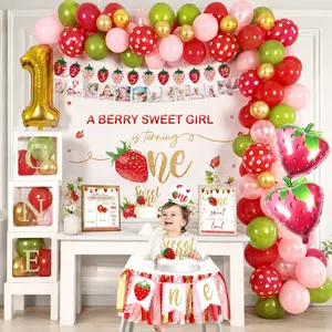 Premium Berry First Birthday Decorations Set - Strawberry 1st Birthday Decorations Girl with Banner, Arch Balloons, High Chair, Cake Toppers, Milestone Garland & More for Baby Girls