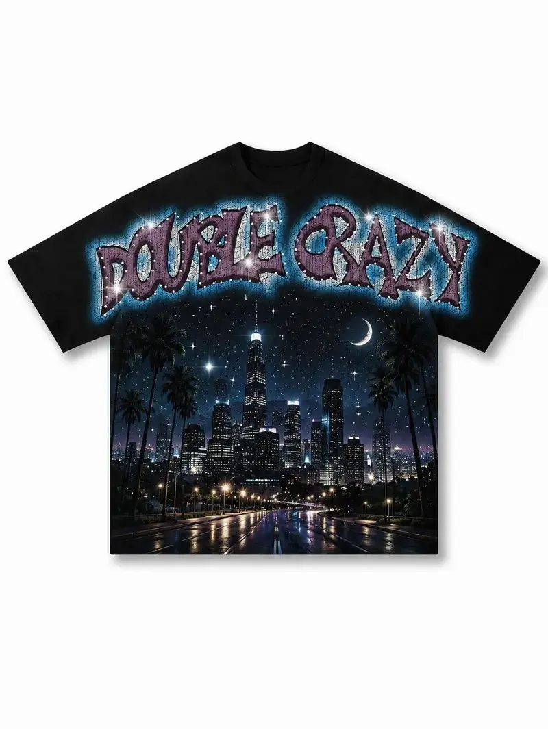 Y2K Streetwear Double Crazy Graphic Tee Heavyweight 100% Combed Cotton Retro City Skyline Palm Tree Print Oversized Boxy Fit Hip Hop T-Shirt Unisex Streetwear Top